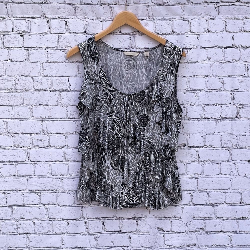 Laura Ashley Black Gray White Ruffle Sleeveless Blouse